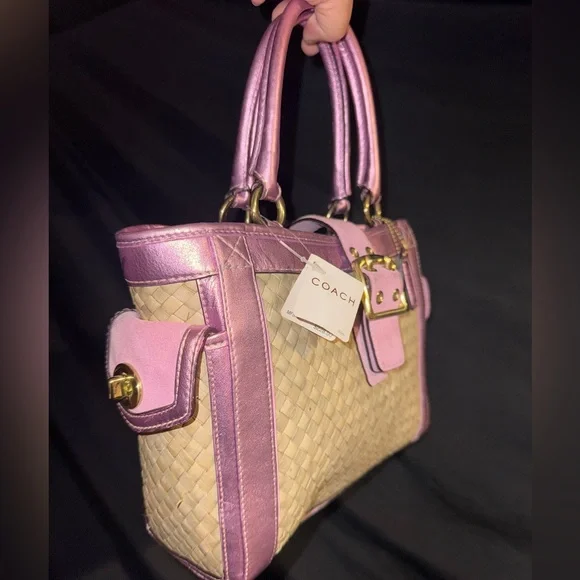 Coach 2004 Limited Edition Straw and Pink Suede
Leather Top Handle Tote Satchel - Picture 3 of 9